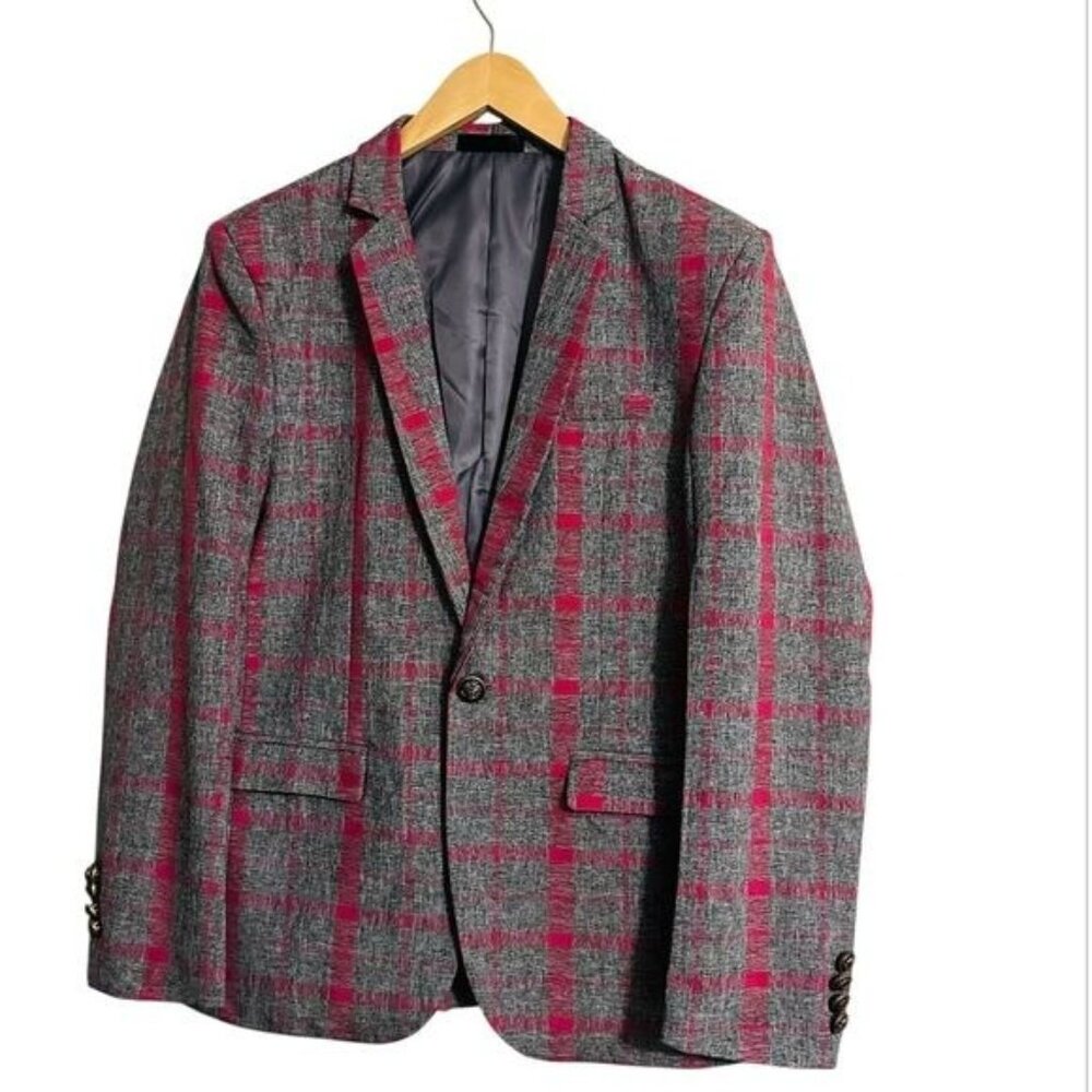 Women’s Oversized Plaid Blazer Gray & Hot Pink Size Large - Picture 1 of 9